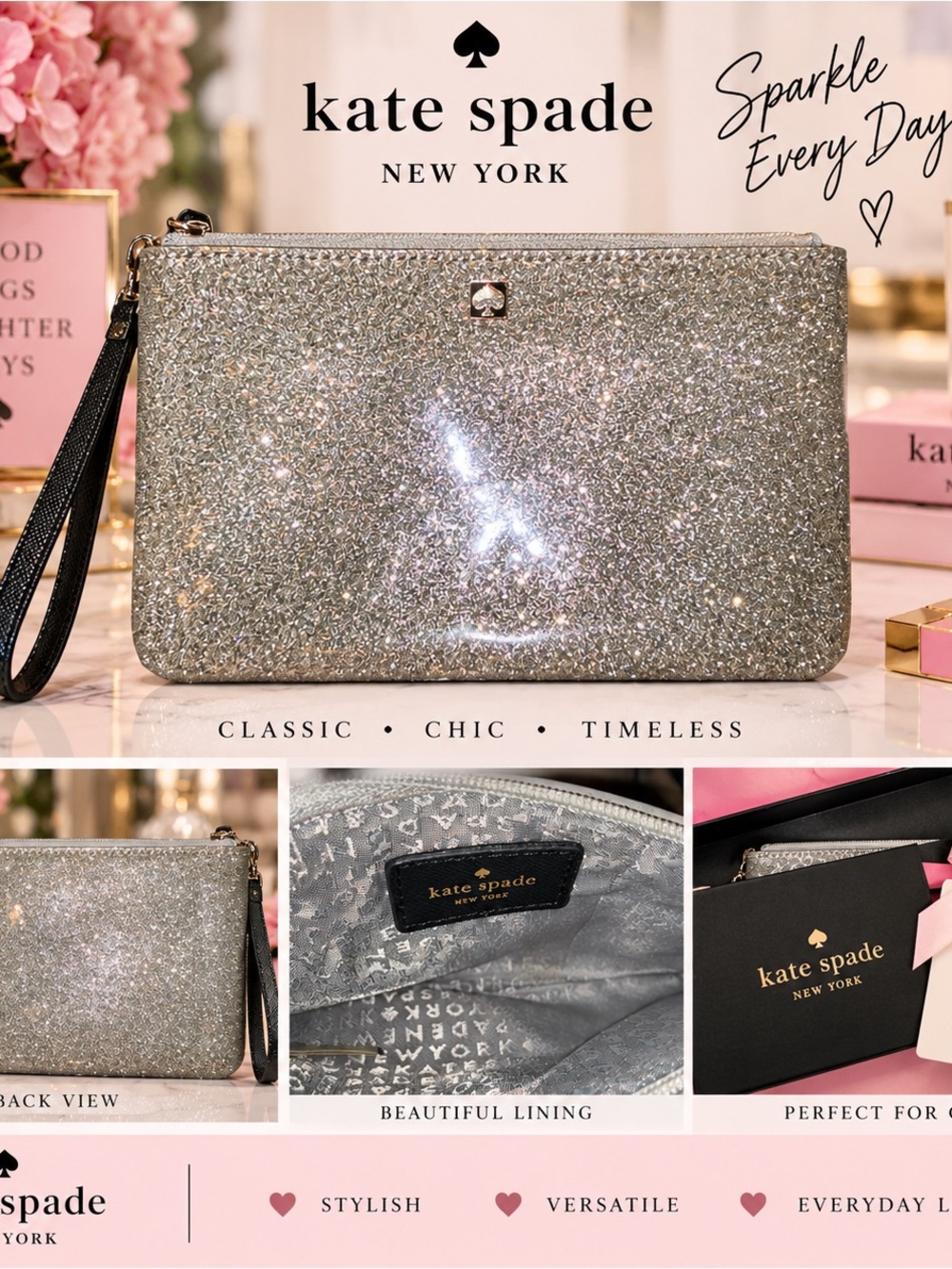 kate spade Silver Glitter Wristlet Clutch with Black Strap